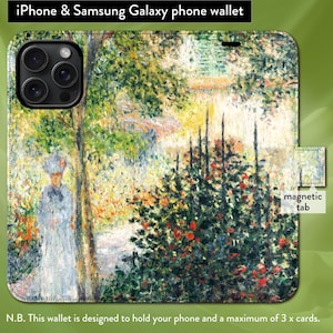 モネ作「アルジャントゥイユの庭」印象派アート、iPhone 7、8、X、11、12、SE、13、14、15、16 対応 iPhone フリップフォリオウォレットケース（マグネットタブ開閉式）