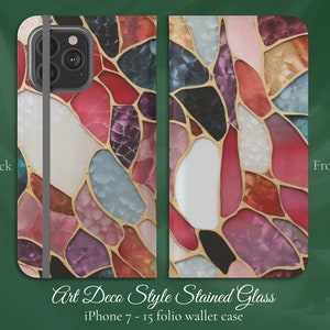 Joyería de azulejos de piedra de vidrieras Art Déco, funda de billetera iPhone Flip Folio, iPhone 7,8,X,11,12,SE,13,14,15, diseño divertido brillante