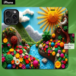 May include: A colorful phone case with a 3D design featuring a sun, flowers, a river, and a bird. The case has a magnetic tab.