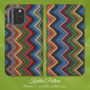 Knitting Pattern Knitted Zig Zag Design, iPhone Flip Folio Wallet Case, iPhone Models 7,8,X,11,12,SE,13,14,15,16 bright fun knitter gift