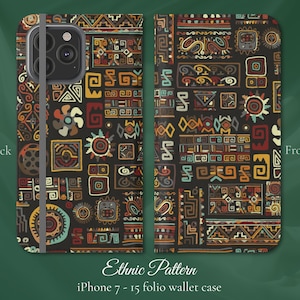 Diseño abstracto étnico, funda de billetera iPhone Flip Folio, modelos de iPhone 7,8,X,11,12,SE,13,14,15, boho azteca aborigen africano