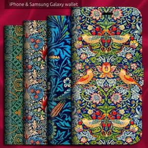 William Morris Art Nouveau x 7 Classic Patterns, iPhone 8,X,11,12,SE,13,14,15,16.17  iPhone Flip Folio Wallet Case with Magnetic Tab Closure