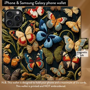 Funda tipo billetera con tapa tipo folio y cierre magnético con mariposas de William Morris para iPhone 8, X, 11, 12, SE, 13, 14, 15 y 16