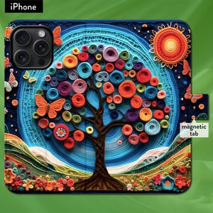 May include: A colorful phone case with a 3D paper art design of a tree with a blue background. The tree is made of many colorful circles and the background has a swirling pattern. The case has a magnetic tab.