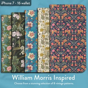 Selección de 8 diseños clásicos de estilo Art Nouveau de William Morris, funda tipo billetera con tapa para iPhone, modelos de iPhone de Apple 8, X, 11, 12, SE, 13, 14, 15, 16