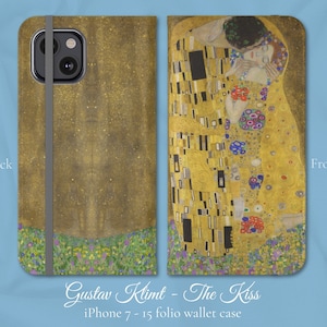 O Beijo de Gustav Klimt Arte clássica Art Nouveau, capa tipo carteira Flip Folio para iPhone, modelos Apple iPhone 7,8,X,11,12,SE,13,14,15