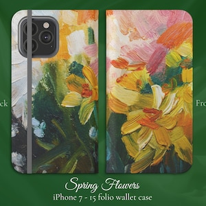 春の花のファインアート印象派抽象油絵、iPhone フリップフォリオウォレットケース、iPhone 7、8、X、11、12、SE、13、14、15 ガーデナーギフト