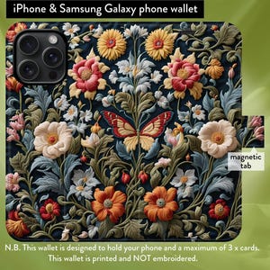 Funda tipo billetera con tapa tipo folio y cierre magnético con diseño floral de William Morris para iPhone 7, 8, X, 11, 12, SE, 13, 14, 15 y 16