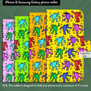 Keith Haring Dancing Laughing Dogs x 7 colores, iPhone 7, 8, X, 11, 12, SE, 13, 14, 15, 16 Funda tipo billetera con tapa tipo libro para iPhone con cierre de pestaña magnética