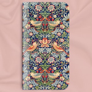 William Morris Strawberry Thief, funda tipo billetera con tapa para iPhone, diseño clásico Art Nouveau, modelos de iPhone 7, 8, X, 11, 12, SE, 13, 14, 15 de Apple