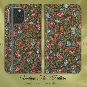 Vintage Floral Pattern, iPhone Flip Folio Wallet Case, iPhone 7,8,X,11,12,SE,13,14,15, Botanical Victorian Art Nouveau William Morris Style