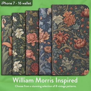 Selección Art Nouveau de 8 diseños clásicos de William Morris, funda tipo billetera con tapa para iPhone, modelos de iPhone X, 11, 12, SE, 13, 14, 15, 16 Floral