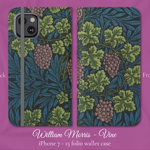 Funda tipo billetera con tapa para iPhone, diseño floral clásico Art Nouveau de William Morris Vine, modelos de iPhone de Apple 7, 8, X, 11, 12, SE, 13, 14, 15, 16