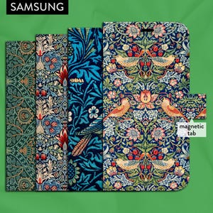 William Morris art nouveau x 7 bloempatronen, Samsung Galaxy 20, 21, 22, 23, 24, 25 flip folio portemonnee-hoesje met magnetische tabsluiting