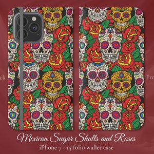 Zuckerschädel und Rosen Design, iPhone Flip Cover, iPhone Modelle 7,8, X, 11,12, SE, 13,14,15, boho lebhafter Tag der Toten