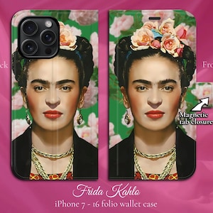 Frida Kahlo con rosas, funda tipo cartera con tapa magnética para iPhone 7, 8, X, 11, 12, SE, 13, 14, 15 y 16, con un retrato floral brillante y vibrante.