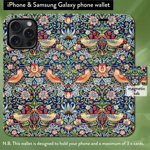 Funda tipo billetera con tapa tipo folio y cierre magnético para iPhone 8, X, 11, 12, SE, 13, 14, 15 y 16 de William Morris Strawberry Thief, estilo Art Nouveau clásico
