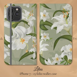 Ilustración de flores florales de lirios, funda de billetera iPhone Flip Folio, modelos de iPhone 7,8,X,11,12,SE,13,14,15 Regalo de jardinero de jardín botánico