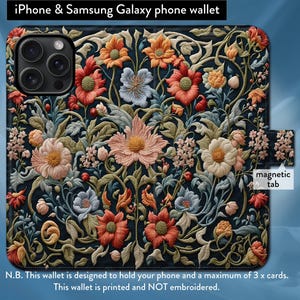 Funda tipo billetera con tapa tipo folio y cierre magnético con diseño floral de William Morris para iPhone 7, 8, X, 11, 12, SE, 13, 14, 15 y 16