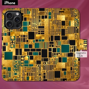 Funda tipo billetera con tapa para iPhone con diseño abstracto dorado inspirado en el Art Nouveau de Gustav Klimt y pestaña magnética, iPhone 7, 8, X, 11, 12, SE, 13, 14, 15, 16