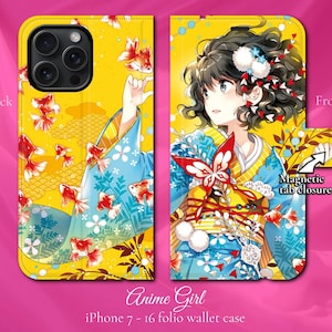 Funda tipo cartera con tapa magnética para iPhone, estilo manga anime japonés, con chica adorable y pez dorado, para iPhone 7, 8, X, 11, 12, SE, 13, 14, 15 y 16.