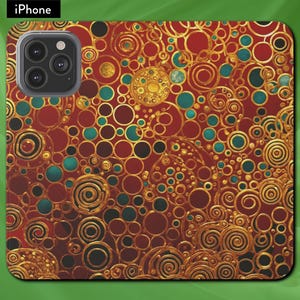 Padrão dourado abstrato inspirado em Art Nouveau Gustav Klimt, capa carteira flip folio para iPhone, modelos de iPhone 7,8,X,11,12,SE,13,14,15, presente para amantes da arte