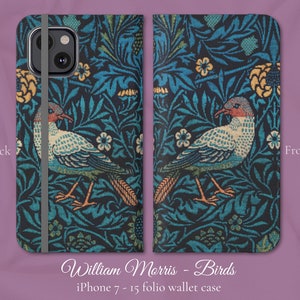 William Morris Birds Art Nouveau design floral clássico, capa carteira flip folio para iPhone, modelos de iPhone da Apple 7,8,X,11,12,SE,13,14,15,16