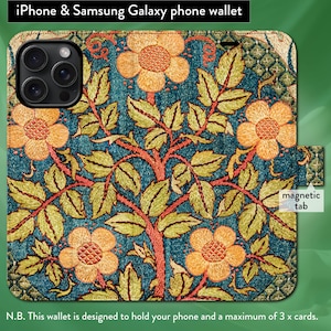 Funda tipo billetera con tapa y cierre magnético con corona de William Morris (detalle) Art Nouveau clásico para iPhone 7, 8, X, 11, 12, SE, 13, 14, 15 y 16