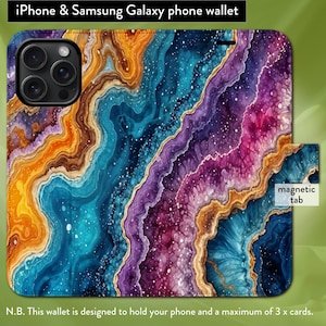 Estuche tipo billetera con tapa tipo folio y cierre magnético con diseño de geoda dorada de colores vivos y cristales para iPhone 7, 8, X, 11, 12, SE, 13, 14, 15 y 16