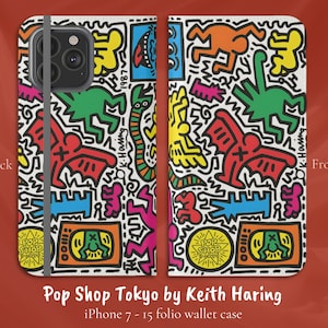 Keith Haring Pop Shop Tokyo, capa carteira flip folio para iPhone, modelos de iPhone 7,8,X,11,12,SE,13,14,15 Arte vibrante clássica moderna de grafite de rua