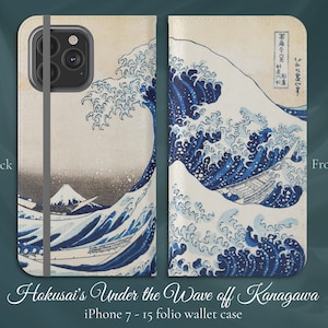 Bajo la ola de Kanagawa de Hokusai, iPhone Flip Folio Wallet Case, iPhone 7,8,X,11,12,SE,13,14,15, Bellas artes japonesas clásicas Ukiyo-e