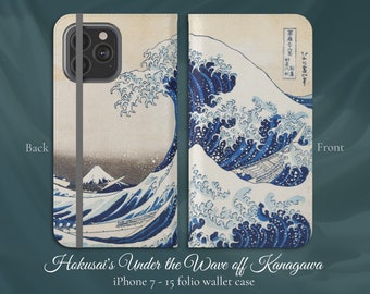 Under the Wave off Kanagawa by Hokusai, iPhone Flip Folio Wallet Case, iPhone 7,8,X,11,12,SE,13,14,15, Classic Japanese Ukiyo-e Fine Art