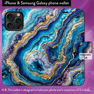 Funda tipo billetera con tapa tipo folio y cierre magnético para iPhone 7, 8, X, 11, 12, SE, 13, 14, 15 y 16 con diseño de amatista cristalina, geoda dorada y azul