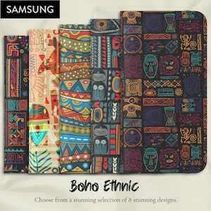 Conjunto de 8 diseños vibrantes de estilo boho étnico, nativo americano, azteca y aborigen, para SAMSUNG GALAXY Modelo S8, S9, S10, S20, NOTE 20, S21, S22, S23 S24 S25