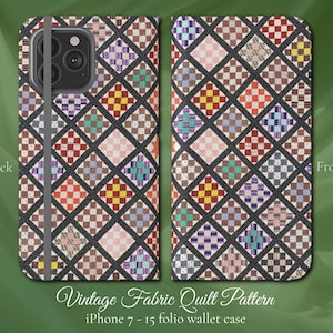 Vintage Japanischer Quilt Stoff, iPhone Flip Hülle, iPhone 7,8,X,11,12,SE,13,14,15 Boho Muster von der New York Met