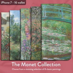Colección de arte impresionista de Claude Monet con 8 obras de arte clásicas, funda tipo billetera con tapa para iPhone, modelos de iPhone de Apple 8, X, 11, 12, SE, 13, 14, 15, 16