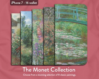 Claude Monet Impressionist Art Collection of 8 classic artworks, iPhone Flip Folio Wallet Case, Apple iPhone Models 8,X,11,12,SE,13,14,15,16