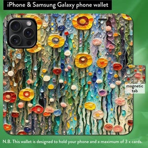 Funda tipo cartera con tapa magnética para iPhone, inspirada en el Art Nouveau de Gustav Klimt, con flores, para iPhone 7, 8, X, 11, 12, SE, 13, 14, 15 y 16.