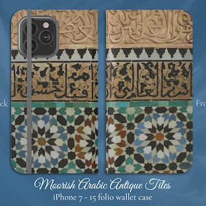 Ilustración de azulejos árabes moriscos, funda tipo billetera con tapa para iPhone, modelos de iPhone 7, 8, X, 11, 12, SE, 13, 14, 15, 16, Alhambra antigua, España