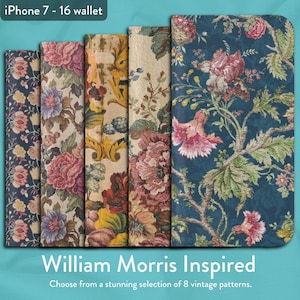 William Morris inspirierte Auswahl von 8 klassischen Blumendesigns, iPhone Flip Folio Brieftasche Fall, iPhone Modelle 8, X, 11, 12, SE, 13, 14, 15, 16 Blumen