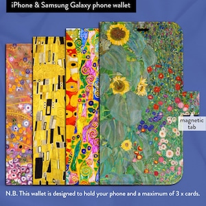 Funda tipo cartera con tapa tipo libro y cierre magnético para iPhone 7, 8, X, 11, 12, SE, 13, 14, 15 y 16, con 7 pinturas clásicas de Gustav Klimt Art Nouveau.