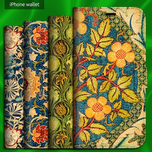 Puede incluir: Funda para iPhone con un estampado floral en tonos azules, naranjas y verdes. La funda presenta un diseño detallado con flores y hojas. El texto "iPhone wallet" está en la esquina superior izquierda.
