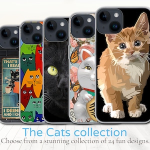 Cats Collection of 24  fun, vibrant feline designs, iPhone Flexible Gel Soft Grip Case, iPhone Models 7,8,X,11,12,SE,13,14,15 Cat Lover