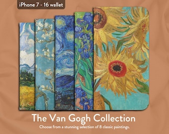 Van Gogh Impressionist Art Collection of 8 classic artworks, iPhone Flip Folio Wallet Case, Apple iPhone Models 7,8,X,11,12,SE,13,14,15,16