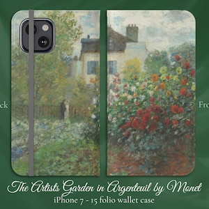 モネによるアルジャントゥイユの芸術家の庭 印象派アート、iPhone フリップ フォリオ ウォレット ケース、iPhone モデル 7、8、X、11、12、SE、13、14、15 アート ラバー