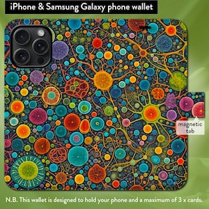 Puede incluir: Una funda para teléfono con un diseño abstracto y colorido que presenta varias formas circulares y ramificadas en tonos azules, naranjas, verdes y morados. La funda tiene un cierre de solapa magnética y está diseñada para guardar un teléfono y hasta tres tarjetas. El texto "iPhone & Samsung Galaxy phone wallet" es visible.