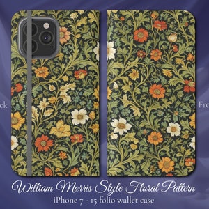 William Morris estilo Art Nouveau patrón floral, iPhone Flip Folio Wallet Case, iPhone 7,8,X,11,12,SE,13,14,15 Flores Botánicas