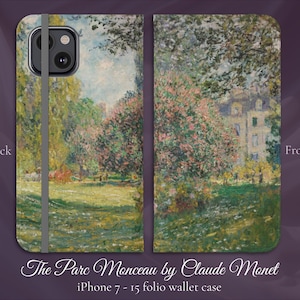Claude Monet, Arte impresionista clásico del Parc Monceau, Funda tipo billetera iPhone Flip Folio, Modelos de iPhone 7,8,X,11,12,SE,13,14,15 Regalo amante del arte
