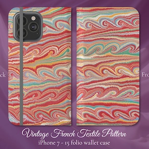 Vintage französisches Textilgewebe Muster, iPhone Flip Folio Brieftasche Hülle, iPhone 7,8, X, 11, 12, SE, 13, 14, 15 Boho Muster aus der New York Met