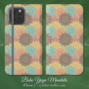 Mandala, Boho Yoga, iPhone Flip Folio Wallet Case, iPhone Models 7,8,X,11,12,SE,13,14,15, patrón de diseño clásico